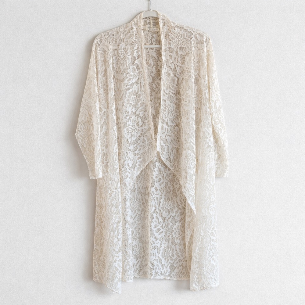 Objex Lace Kimono Cardigan 3X Ivory Boho Romantic Duster Sheer Floral Overlay